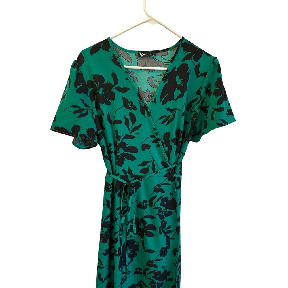 Pretty Garden Wrap Dress Emerald Green Black Floral Maxi Short Sleeve Size Large - Picture 8 of 9